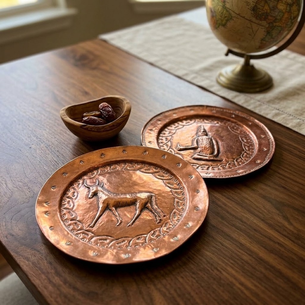 Vintage Hand Hammered Copper Wall Plates Set of 2 Deer Figure Buddha Primitive